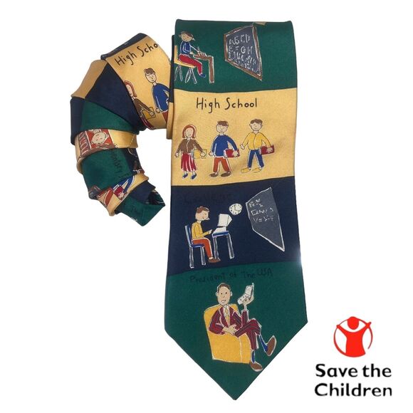 Educational Theme Save The Children Work Hard For Success Silk Tie Necktie USA - Picture 1 of 14